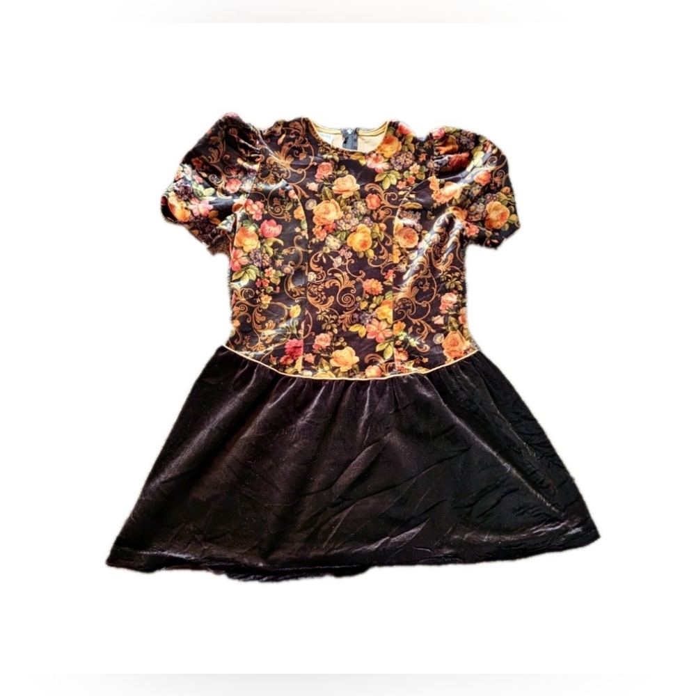 80s‎ 90s Retro Vintage Floral Dress Girls Size 14 Puff Sleeves Velvet
